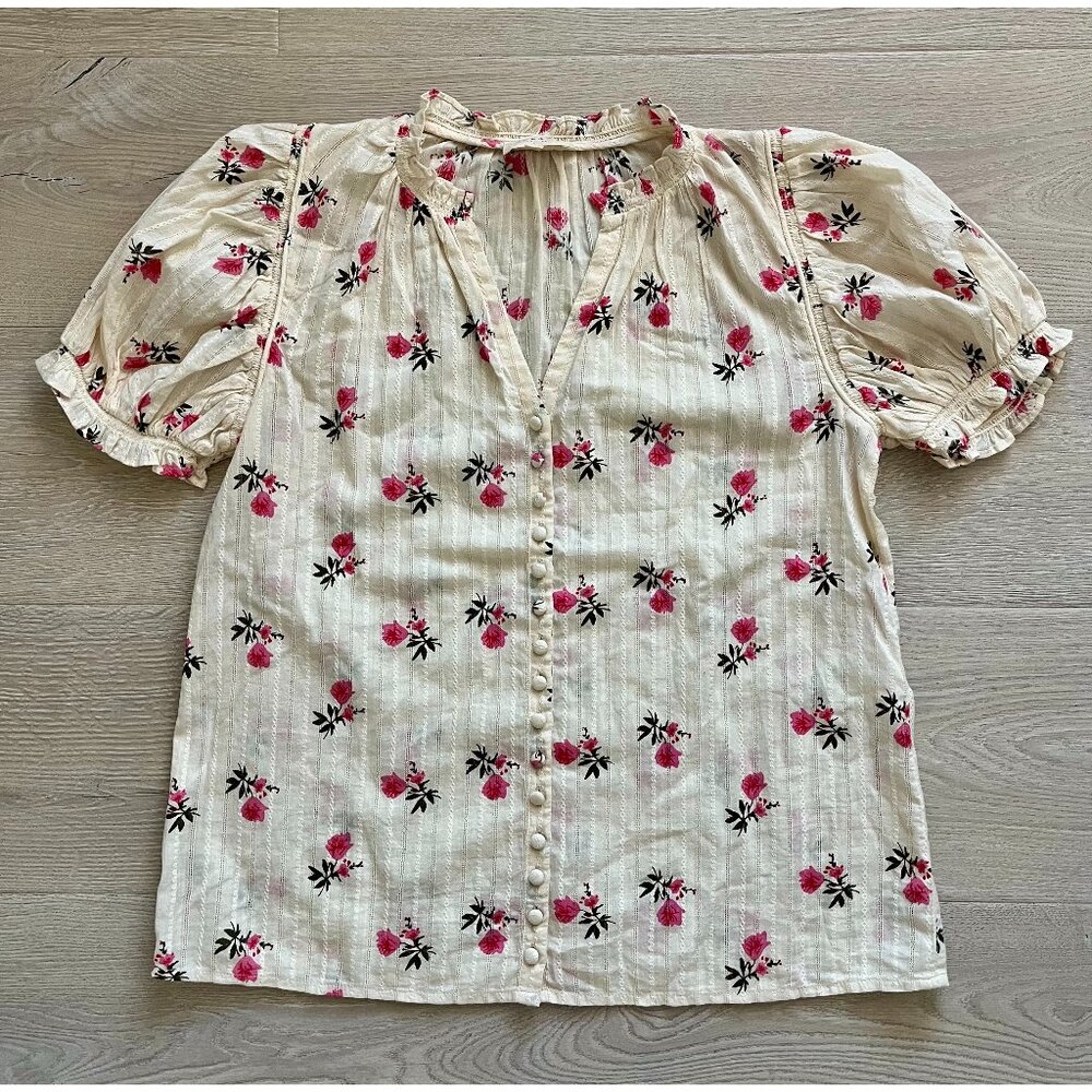 Sezane Cream Blouse with Pink Floral Pattern